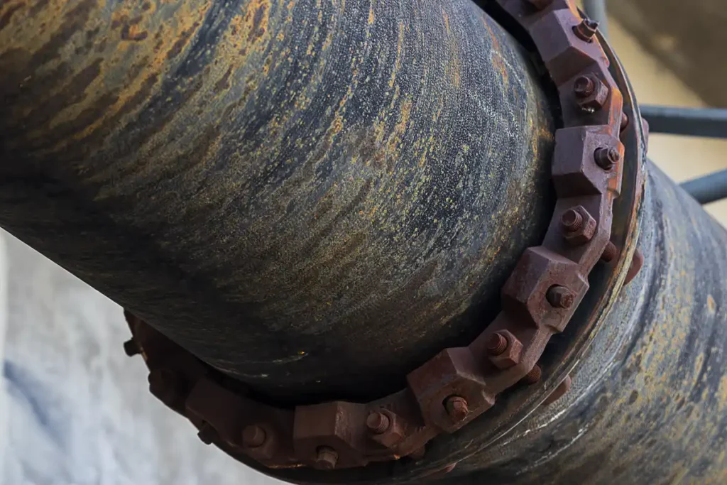 Corrosion sous calorifuge (CUI) sur tuyauterie en acier carbone : rouille active découverte lors du retrait de l'isolation